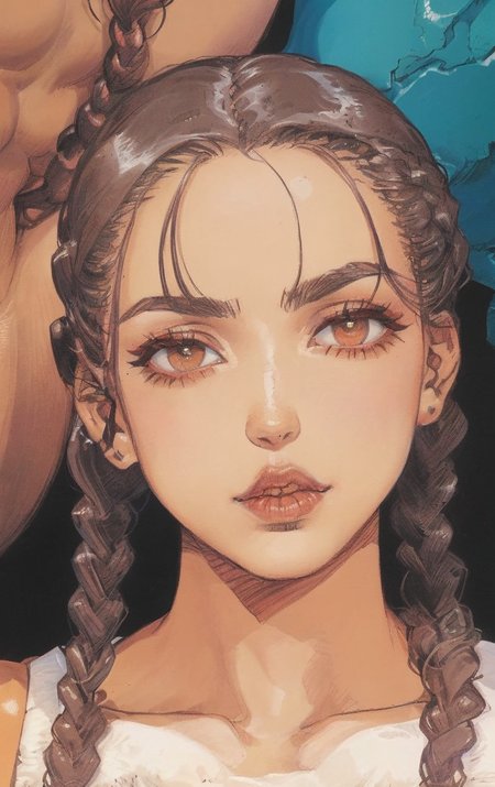artwork <lora:Moebius:1>, Medium Close Up of on the left 1woman 60yo (Ludovik RajakoviÄ:1.3), Boxer Braids hair, on the right 1man 40yo (Abdeljalil Stol:1.3), Choppy hair hidden valley, buttress
