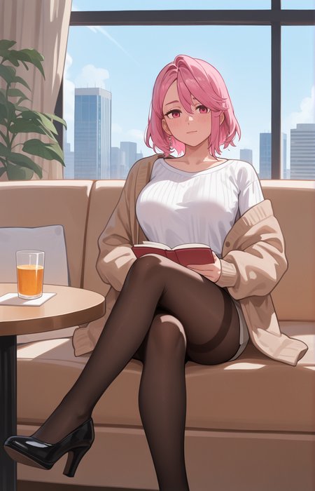 <lora:ShiratoriAiraCYQL:1>,ShiratoriAiraCYQL,1girl,solo,short hair,pink hair,pink eyes,
couch,breasts,skyscraper,building,pantyhose,table,sitting,cityscape,window,indoors,largebreasts,cup,lookingatviewer,city,oncouch,scenery,longsleeves,jacket,sky,book,bottle,chair,highheels,food,thighstrap,flower,crossedlegs,drinkingglass,jewelry,blackfootwear,closedmouth,sweater,clock,shirt,blackpantyhose,fullbody,plant,,
BREAK
<lora:spo_sdxl_10ep_4k-data_lora_webui:0.7>,<lora:MinimalistFlatColorXL_byKonan:0.5>,<lora:96YOTTEA-WAI:0.8>,,
perfect quality,high quality,masterpiece,best quality,amazing quality,very aesthetic,absurdres,newest,