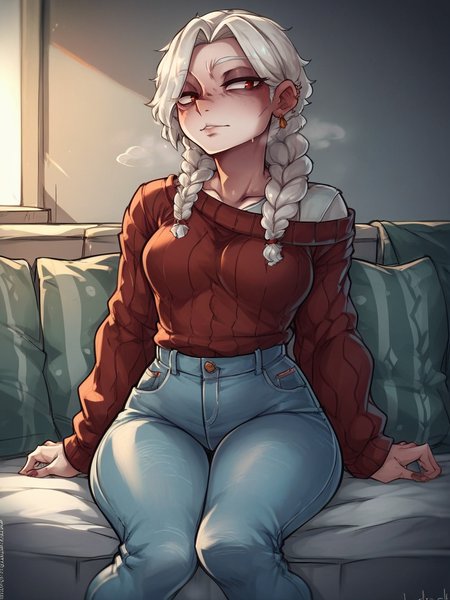 score_9, score_8_up, score_7_up, score_6_up, score_5_up,  <lora:MerryRemembrancerXLP:1> merryremembrancer, 1girl, sitting, jeans, sweater