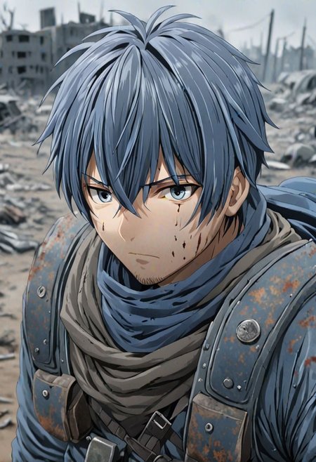 high resolution, solo, best quality, 1Boy, Tomoya Okazaki, Grey Blue Hair, shallow depth of field, Post-Apocalyptic, survival, OverallDetail