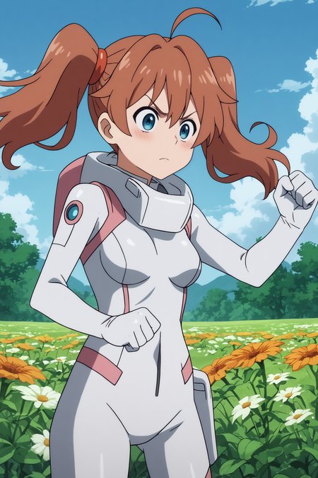  kokoro,1girl,solo,long hair,twintails,ahoge,bodysuit,white bodysuit,pilot suit,long hair,punching,cowboy shot BREAK outdoors,blue sky,cloudy_sky,orange flower,flower field,tree  <lora:Miku_-_Darling_in_the_franxx.safetensors:0.8> <lora:detailed_backgrounds_v2.safetensors:0.5>