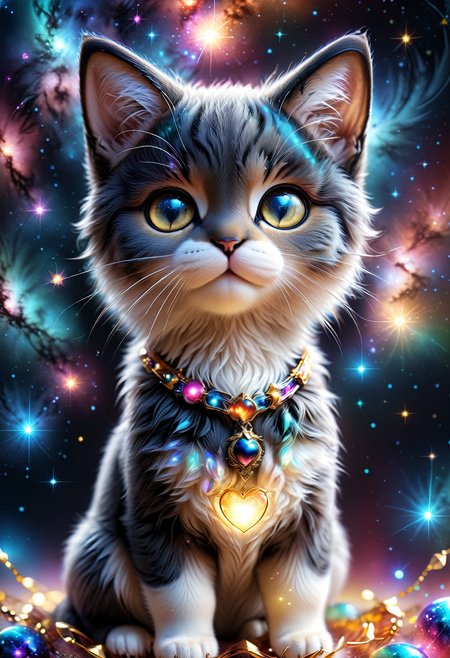 ((videogame_style))), (sharp focus:1.2), lineart, flat color, monochrome, greyscale, depth of field, bokeh, 8k, OLED, 1 baby cat, being playful, wearing ribbon choker in different colours, different fur, super cute,, The cat raises its paws towards the viewer, in the galaxy, space cat flying in the stars,lluminated by the ethereal glow of cosmic lightning, the light is reflecting shadows on the cute animal, for the viewer, it appears alive, as if a glimpse of its inner sparkle is possible, star sky, peacful and grateful atmosphere, painted hearts, magical atmosphere, close up, (((cuteness overload))), <lora:detailed_notrigger:0.9>, zhibi <lora:zhibi:0.8>, <lora:tweak-detail-xl:0.7> <lora:Jed-Cosmos-sdxl:0.7> Jed-Cosmos
