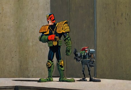 Judge Dredd faces off against a villainous cartoon character in the style of Don Martin, best quality, highres, high detail, sharp, fine art, jdgdrddcom, donmartin style, by donmartin, by don martin, hinged foot, martinwalkstyle