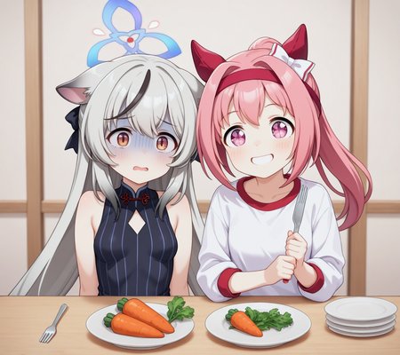 Turn pale,
2girls,kokona \(blue archive\), 
table,plate, carrot, bell pepper, 
, fork, 
side-by-side, 
BREAK
haru urara \(umamusume\), happy smile,
masterpiece, best quality
