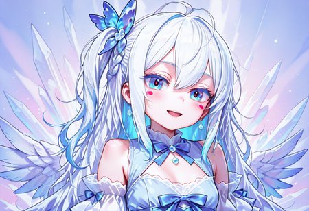 lazypos, girl focus, 1girl, virtual youtuber, blue hair, blue eyes, multicolored hair, long hair, blush, wings, hair ornament, open mouth, dress, looking at viewer, ahoge, bow, smile, puffy detached sleeves, solo, wing hair ornament, white wings, hair bow, flower, detached sleeves, medium bangs, angel wings, braid, sky, streaked hair, feathers, frills, ribbon, white feathers, feathered wings, >_<, rose, upper body, blue bow, blue dress, short sleeves, two-tone hair, puffy sleeves, puffy short sleeves, hair ribbon, sparkle, breasts, blush stickers, :d, nonoknow