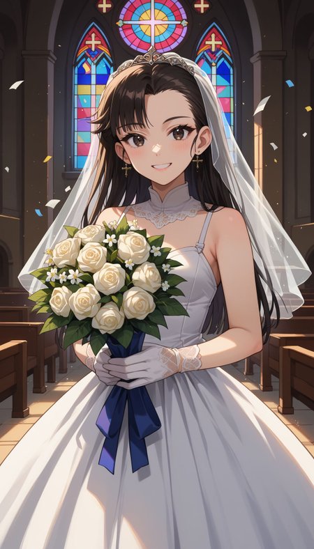 score_9, score_8_up, score_7_up, source_anime, 
 <lora:GUPNishi :1> gupnishi, 1girl, nishi kinuyo, long hair, asymmetrical bangs, 
indoors, church, stained glass, whie veil, laced gloves, upper body, close portrait church, holding bouquet, (confetti:1.1), smile, white dress, wedding dress, church, holding bouquet, (confetti:1.1)
