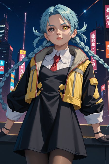 score_9, score_8_up, score_7_up, score_6_up, source_anime, 1girl, solo,  <lora:mizukidate-pdxl-nvwls-v1-000006:1> mzdate, heterochromia, grey eyes, yellow eyes, light blue hair, twin braids, yellow vest, black gloves, red necktie, black dress, pantyhose, night sky, cyberpunk, portrait, looking at you,