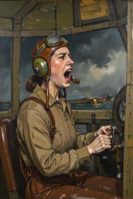 euanuglow1 painting. 
A female pilot screaming inside the cockpit of a World War II bomber. The pilot, wearing a vintage leather flight helmet with goggles and a bomber jacket, grips the controls with white-knuckled hands. Her face is contorted in a mix of fear and determination as she yells, her eyes wide with adrenaline. The cockpit is cramped and filled with old-fashioned dials and gauges, with the outside view showing dark stormy clouds and distant anti-aircraft fire <lora:euanuglow1_cap_d6aee11:1.0><lora:845542906107409207:0>