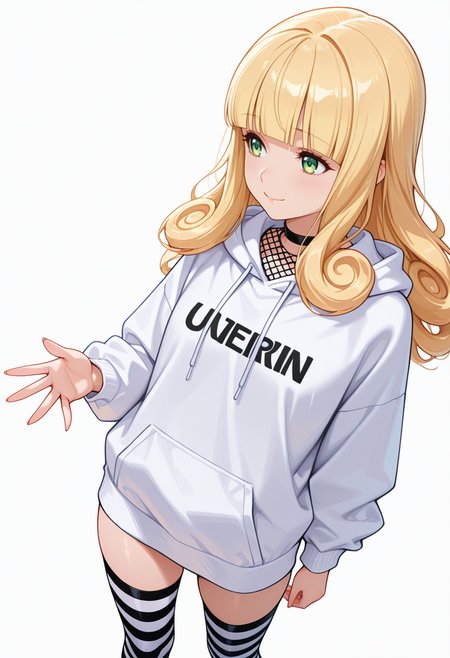 Smooth Quality,masterpiece,very intricate, high quality details, ultra realistic, high detailed skin,detailed enviorement,absurdres,
open hand,
 <lora:Poporon_CNR:0.8> poporon_cnr, 1girl, blonde hair, long hair,blunt bangs, green eyes, curly hair,, despair,, simple background, white background, dynamic angle,solo,, fishnet top,  ,hoodie, ,striped thighhighs,  ,