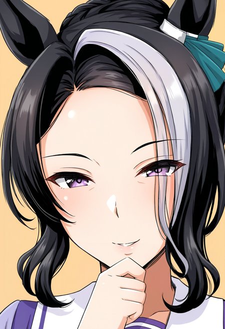 masterpiece, best quality, good quality, <lora:Fine_lines_under_the_ eyes_IL1.1:1>, mejiro ramonu \(umamusume\), tracen school uniform, looking at viewer,
portrait, seductive smile, hand on own chin,