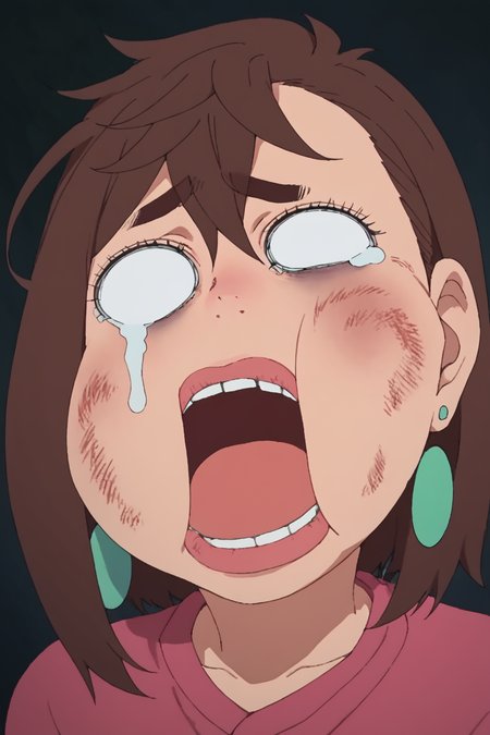 score_9, score_8_up, score_7_up, score_6_up, score_5_up, score_4_up,  <lora:Momo_Ayase_Dandadan_V1:0.8> KJOmomo, brown hair, medium hair, hair between eyes, thick eyebrows, earrings,<lora:beat_up_face:0.8>, 1girl, solo, alone, blank eyes, tears, circular eyes,  bruise, swollen cheeks, swollen lips, open mouth, missing tooth, masterpiece, highres