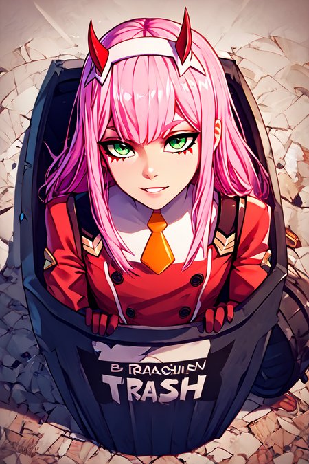score_9, score_8_up, score_8,   BREAK,  <lora:Trash_Waifu_PDXL:1.0>,  zzTrashWaifu, in trash can,   <lora:zero-two-ponyxl-lora-nochekaiser:0.8>, zero two, green eyes, hairband, horns, long hair, pink hair, red horns, white hairband, jacket, leggings, red jacket,   (text focus, the word trash:1),  BREAK,  embedding:zPDXL, Expressiveh,  <lora:CatalystStylePDXL:0.6>,  <lora:SDXLFaeTastic2400:0.5>,  <lora:Expressive_H-000001:0.4>,