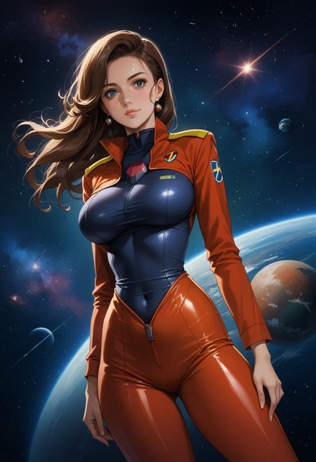 Gundam_00_Style, (Style: Gundam_00), Artist Style:urushihara_satoshi, score_9, score_8_up, score_7_up, ((rating:PG13)), (absurdres), 1girl, 20 year old woman, mobile_suit pilot, ((skintight)), ((jumpsuit)), large breasts, large ass, tiny waist, navel, sweaty, steam, looking at viewer, solo focus, seductive, horny, sexy, detailed eyes,
space station, space, light filtering, light particles, starry background