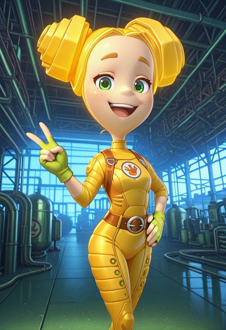 Graphic Design, color art, vibrant colors, colorful, intricate details, high contrast, detailed background, beautiful detailed, beautiful face, detailed eyes, detailed face, new, 1girl, solo, shpulya, yellow hair, double bun, green eyes, gloves, fingerless gloves, bodysuit, yellow bodysuit, belt, v sign, one hand on hip, happy, smile, open mouth, looking at viewer, chibi, factory, (masterpiece, best quality, newest, recent, absurdres),