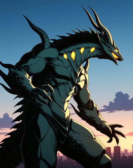 score_9, score_8_up, score_7_up,
8K, In'ei, chiaroscuro, cinematic side lighting, perfect depth of field shot, masterpiece, beautiful, sharp focus, crisp details,
<lora:Draglord_(Guyver)_(Illustrious)_(AD):1> Draglord, Guyver, dragon, 
exterior, science fiction, sky with anime clouds, summer, hot day, city skyline, 
dynamic action, bent leg, cowboy shot, 
green body, green skin, titanic, gigantic, kaiju, glowing eyes, 
BREAK Smooth Quality, IllusP0s, lazyhand, lazympos, lazynsfw,