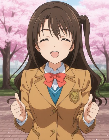 official style,
Shimamura Uzuki,brown eyes,brown hair,long hair,one side up,school uniform,red bowtie,brown blazer,red plaid  skirt,
smile,both hands thumbs up,(closed eyes:1.2),open mouth,
(solo),((portrait)),
Cherry trees,cherry blossom petals,public park,park,
(anime screencap), 2d cel anime,anime cap,anime,anime style,anime cel,cell shaded,soft brightness,perfect face,perfect nose, perfect hair, perfect eyes,perfect female body,perfect skin,a face of perfect proportion,perfect lighting,perfect anatomy,perfect proportion,perfect hands,perfect legs,perfect fingers,masterpiece,hair between eyes,
big breasts,
perky breasts,best quality,very aesthetic,absurdres,16k,intricate detail,amazing quality,(bold:3.12),thick outline,black outline,harsh lines,soft lines,deluster,boldline,curvy,(anime coloring:1.2), slim,
looking at viewer,(pov:2.0),(hat:-1),
super fine illustration,detailed linework,vibrant colors,kawaii,flat color,  <lora:THE_IDOLMSTER_ã·ã³ãã¬ã©ã¬ã¼ã«ãºå³¶æå¯æã¢ãã¡é¢¨illustriousTHE_IDOLMSTER_CINDERELLA_GIRLSShimamura_UzukiAnime_Styleillustrious:1:0.8>