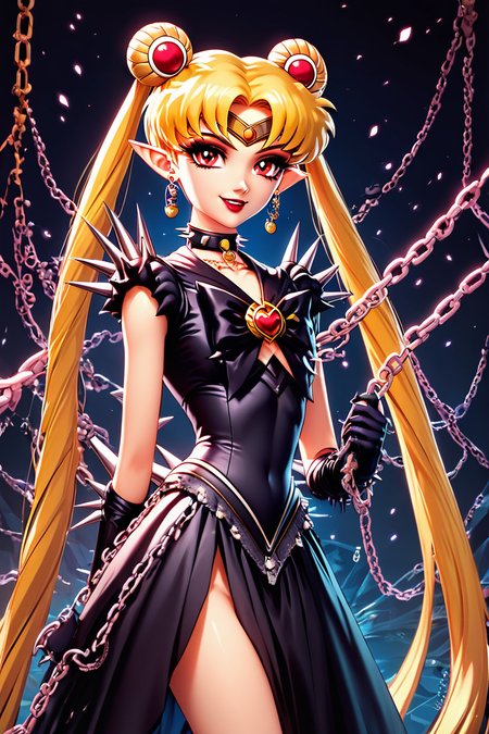 score_9, score_8_up, score_8,   BREAK, ,  ,,, <lora:CruelMoon_PDXL:1>, zzCruelMoon, long hair, twintails, tsukino usagi, blonde hair, jewelry, hair bun, double bun, sailor moon, very long hair, choker, chain, spikes, gothic, parted bangs, red eyes,  earrings, dress, makeup, holding, necklace, lipstick, black dress, pointy ears, night, ,,, , BREAK, smile, looking at viewer, ,,, abstract background, white outline, cowboy shot, ,,, embedding:zPDXL, Expressiveh, ,,, <lora:CatalystStylePDXL:0.6>, <lora:SDXLFaeTastic2400:0.5>, <lora:Expressive_H-000001:0.4>,