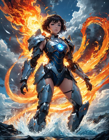 anime screencap, 
beautiful artwork of a confident girl with short hair, in a bulky mecha armor, controlling water and fire, swirling elements around her, dramatic lighting, highly detailed cloudy sky, action-filled and powerful scene, 8k, high quality, artstation