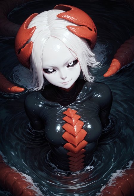 zPDXL2, score_9, score_8_up, score_7_up,  alien monster girl, beautiful face, tentacle hands:1.1, (inside a cave), multiple eyes, ((close up:2)), focus on face, large jellyfish head shape, multiple eyes on head, black body color, long octopus hair:1.2,  tendrils wrapped around breasts, black body, extremely detailed, skin texture, glistening body, small breasts, red scales on body, dripping wet body, oiled, long sleeves, white face, (big ass:0.4), black sclera, (shining white eyes), emerging from water, monster body, black sclera, glossy eyes, arching back, seductive smirk, wicked smile, Expressiveh, from above
