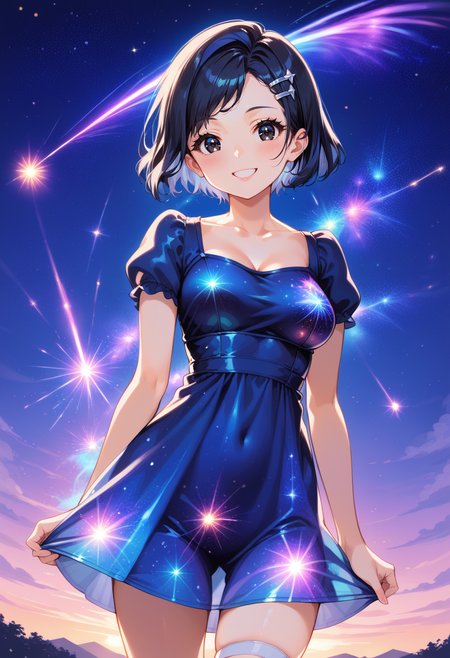 (score_9, score_8_up, score_7_up, masterpiece,source_anime, best quality, perfect anatomy, very aesthetic, ((outlined outlined vector graphics)), source_anime,
1girl,20yo, black hair, black eyes, short bob hair, hair pin,mdeium  breast, slender,(white thigh strap:1.1),(black clohtes:1.1),,outdoors,  blush, cowboy shot, galaxy, gradient sky, glittering, glimmering, glowing , eatherical, looking at viewer, milky way,starry night, night, night sky, shooting star, sky, skyline, smile, solo, star \(sky\), star \(symbol\), starry background, starry sky, starry sky print,starrynightdress, starry night dress,blue  dress,,( short sleeve dress:1.2),  
<lora:starry-night-dress-01:1.3>