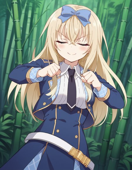 score_9, score_8_up, score_7_up, source_anime, <lora:fenris-edelritz-s1-ponyxl-lora-nochekaiser:1>, fenris edelritz, long hair, blue eyes, blonde hair, hair between eyes, hair bow, blue bow, medium breasts,, skirt, long sleeves, school uniform, jacket, necktie, belt,, bamboo forest, bamboo, trees, dense, wildlife, smile, <lora:shikairo-days-dance-ponyxl-lora-nochekaiser:1>, shikairo days dance, shikairo days dance (meme), dancing, meme, closed eyes, clenched hands, glowsticks, blush, smile,, looking at viewer, solo,, dutch angle, cowboy shot