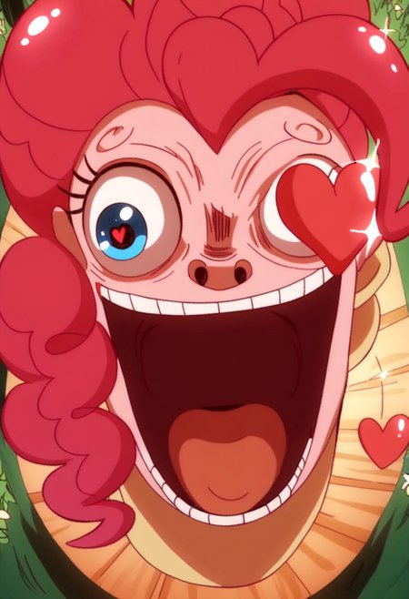 score_9, score_8_up, score_7_up, BREAK, my little pony, Pinkie Pie, a pink earth pony with blue eyes, outdoors, daylight, insanity-angle, expressionless face, show accurate, SanijSimpface, heart shaped eyes, eye-pop-out, popping eyes, eye popping out, tonque out,
