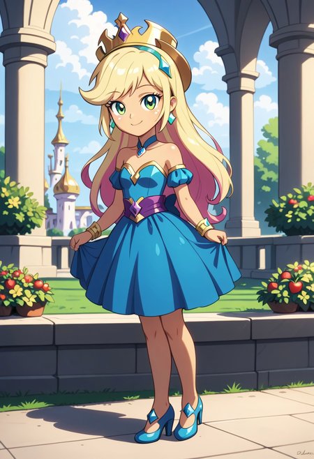 score_9, score_8_up, score_7_up, score_6_up, from My Little Pony Equestria Girls, a very young little human girl Applejack wearing a fit blue|sky|green|brown|darkpurple|red|yellow gradients colors short princess dress, elegant detailed princess shoes, solo, 1girl, little princess girl, gradient golden blond hair with crown hairband, smile, childhood, looking at viewer, glow detailed eyes, garden of canterlot, tul, chiffon, laces, semi realistic cartoon, unreal engine 5,  full body close-up, absurdres, digital art, soft light, perfect hands, perfect, hands, perfection, soft orange skin, green eyes, apples accesories and shoes, jewelery, tres chic,<lora:age_slider_v4:-4>,