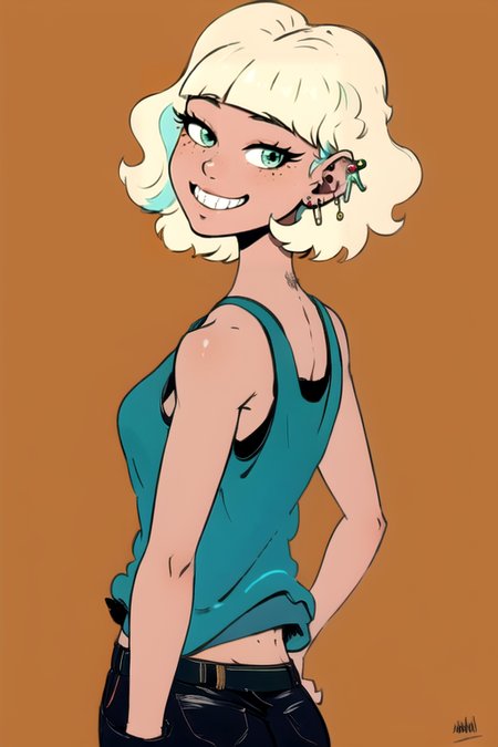 <lora:JackieLynn-10:1> jackie, 1girl, solo, looking at viewer, smile, bangs, blonde hair, simple background, shirt, bare shoulders, jewelry, green eyes, upper body, earrings, looking back, signature, dark skin, blunt bangs, medium hair, from behind, grin, dark-skinned female, hand on hip, piercing, tank top, ear piercing, freckles, brown background, aqua shirt