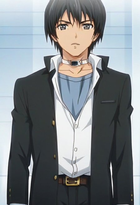 ((masterpiece)), ((best quality)), ((ultra-detailed)), score_9_up, score_8_up, score_7_up, HD, top quality, best quality, High-quality illustrations, anime screencap, perfect anatomy, 1boy, 1male, male anime character, anime boy, solo male, male focus, Keisuke Takatou,black hair,grey eyes,neck collar strap, handsome, attractive, cute, tall body, tall height, lean body, short black jacket, tuck-in white polo shirt, belt, black pants, white mysterious room, serious expression, poker face