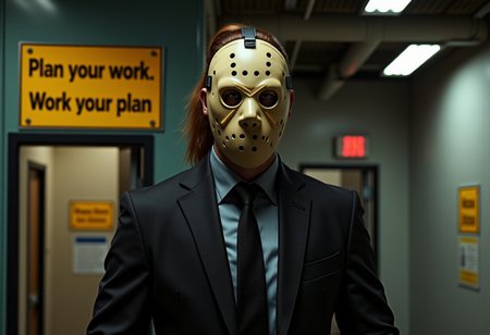 Dynamic wide-angle full-body view of a well dressed male bank robber wearing an hockey mask. Cinematic, raw photo. Appearance: accurate and detailed clothes and mask. Hair: brown medium man ponytail. Accessories: big dark leather gym-bag on one shoulder. Expression: Looking straight at the viewer with a piercing expression, subtly smiling. Skin: Very realistic and accurately detailed.
A metal sign on the wall of the bank, clearly entirely readable black on yellow says "Plan your work."
Another sign below it says "Work your plan."
Many details everywhere. 
Ray-Tracing. 
Anti-Aliasing. 
Realistic reflections. 
Realistic soft shadows. 
Slightly dull colors. 
Insane quality. 
Insane resolution. 
Insane details. 
Masterpiece. 
16k resolution.

FFSRA.
