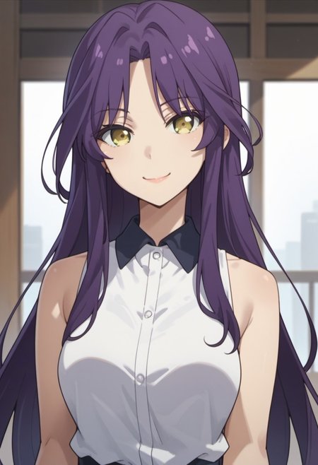 score_9, score_8_up, score_7_up, source_anime, goshoin kyo, purple hair, yellow eyes, long hair, 1girl, solo, anime coloring, looking at viewer, smile, shirt, sleeveless, sleeveless shirt, collared shirt, closed mouth, bare shoulders