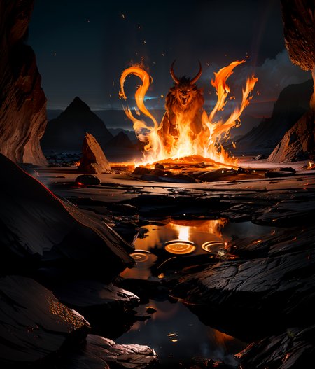 photo fire lava muscular fractured crazed body minotaur mythological creature demon warrior standing fighting stance,  large black horns yellow glowing hollow eyes body made of molten rock  stands on a stone bridge his hooves on fire, in his hand holding magma steel machete with glowing red fire movement trails arcing into the air dark background glowing cracked skin erupting flames cloaked in flame dynamic lighting subsurface scattering ignited . a face of anger and hatred sharp teeth.  smoke corpuscular rays bio luminance caustics,  crown of fire radiating heat illuminating surroundings cave ledge abyss glowing dripping molten rock  <lora:add_detail:0.5>,kilt loincloth,   parched cracked skin,  reflection refraction volumetric lighting  internal combustion flowing trailing cloak windy bright vibrant seams emissive surface high_cheek_bones scars wounds  <lora:epi_noiseoffset:0.1>