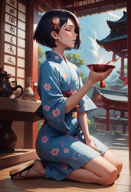 score_9, score_8_up, score_7_up, 1boy, femboy, otoko no ko, short hair, bob cut hair, black hair, grey eyes, gray eyes, feminine face, toned body, Shelly, jyojifuku, yukata, japanese clothes, floral print,hair ornament,sandals, kneeling, head down, eyes closed, holding incense, side view, highly detailed, intricate, zzCitronLegacy, inside, Shinto temple, altar, burning incense, crowded