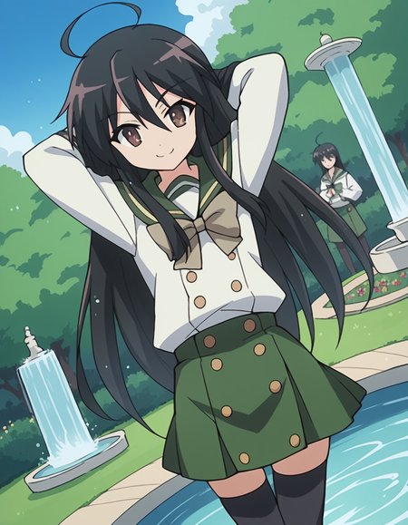 score_9, score_8_up, score_7_up, source_anime, <lora:shakugan-no-shana-s1-ponyxl-lora-nochekaiser:1>, shana, long hair, black hair, brown eyes, ahoge, sidelocks,, school uniform, serafuku, bowtie, green bowtie, white shirt, green sailor collar, long sleeves, green skirt, buttons, thighhighs,, fountain, water, spray, sculpture, garden, smile, hands behind head,, looking at viewer, solo,, dutch angle, cowboy shot