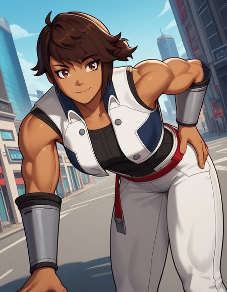 score_9, score_8_up, score_7_up, source_anime, <lora:elm-ederne-ponyxl-lora-nochekaiser:1>, elm ederne, brown hair, brown eyes, ponytail, dark skin, short ponytail,, sleeveless, belt, pants, muscular, barefoot, toes, soles, cropped jacket, white pants, toeless legwear, stirrup legwear,, cityscape, street, bent over, smile, looking at viewer, solo, cowboy shot, dutch angle