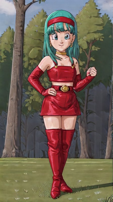 Photo,<lora:Bulla:0.7>,Bulla,1girl,solo,red headband,red dress,exciting,gorgeous,striking,tree,grass,outside,hand on hip,