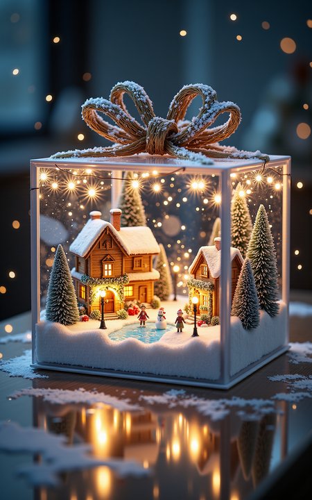 A crystal-clear transparent gift box containing a tiny Christmas-themed village. Inside the box, charming cottages with snow-covered roofs are adorned with festive decorations like garlands, golden ornaments, and sparkling string lights. The setting includes a frozen lake for ice skating, miniature street lamps glowing warmly, and small figurines building snowmen. The environment is lit with soft, magical lighting, emphasizing the intricate details of the miniature world. The gift box is placed on a reflective surface, enhancing its fantastical appeal. <lora:aidmaMJ6.1v0.4:0.6> aidmaMJ6.1