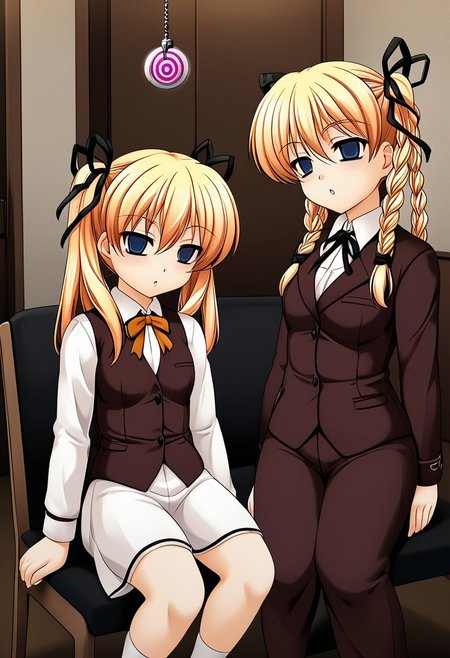 Itsuki and Imi being hypnotized,
score_9, anime, 2girls, lewd, smooth, 
mind control, hypnosis, hypnotic pendulum, (looking at pendulum), pendulum hanging from center, empty eyes,
side by side, (shoulder to shoulder), sitting, couch, sl0uch1ng, slouching,
Itsuki＆Imi, blonde hair, twins, siblings, blue eyes, twintails, braid, ribbon, sisters, twin braids, hair ribbon, long hair, chair, short stack,