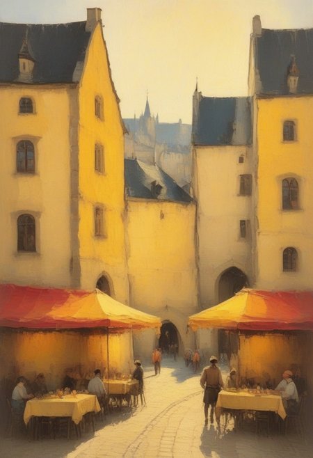 Nixpaint, detailed medieval cityscape, stone castles and narrow cobblestone streets, bustling marketplace with colorful tents, timber-framed houses, warm golden sunlight filtering through, layered impasto brushwork, rich earthy palette, lively and historic mood