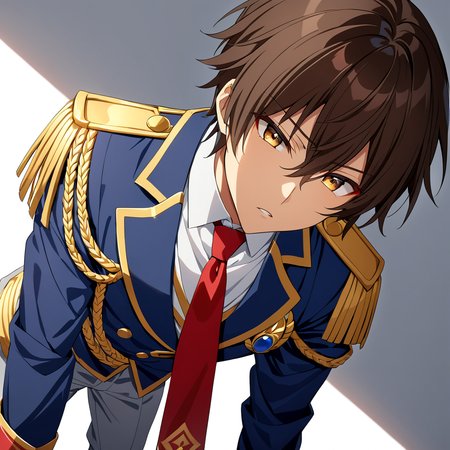 <lora:Kanie_New_XL:0.7>,<lora:DetailedEyes_V3:1.6>,looking down,shadow face,parted lips,from below,looking at viewer,
Seiya Kanie,(1boy),solo,Dark Brown hair,white shirt,white dress shirt under a dark blue jacket with golden accents,gold aiguillettes worn on the right shoulder,a red tie,gray pants,and a red armband,leaning_forward,