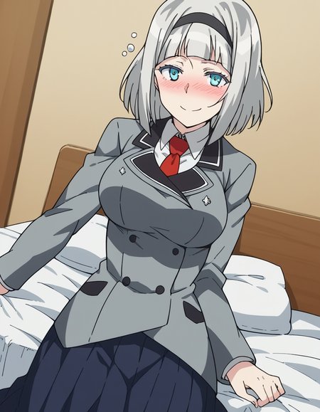 score_9, score_8_up, score_7_up, source_anime, <lora:anna-nishikinomiya-s1-ponyxl-lora-nochekaiser:1>, anna nishikinomiya, short hair, blue eyes, grey hair, hairband, aqua eyes, large breasts,, skirt, school uniform, pleated skirt, necktie, black skirt, red necktie, grey blazer, long sleeves,, indoors, bed, bedroom, on side, blush, drunk, smile, smile, looking at viewer, solo,, dutch angle, cowboy shot