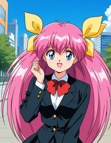 general,highres, ultra-detailed,very aesthetic,best quality ,best hands,  BREAK <lora:Hanasaki_Momoko_IS:1>Hanasaki_Momoko, 1girl,solo, long hair, pink hair, blue eyes, yellow bow, breasts, a, hair bow, twintails, very long hair, hair ribbon, 1990s (style),anime coloring, smile,looking at viewer, cowboy_Shot,
open mouth, black jacket, long sleeves, bow, school uniform, upper body, blazer, skirt, ribbon, shirt, bangs, looking at viewer, black skirt,
outdoor, day, sky, city,