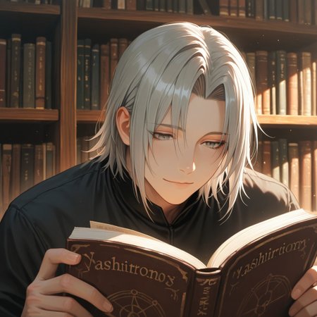 masterpiece, best quality, amazing quality, absurdres, newest, detailed background, definition so sharp, Ultra-HD, 8K cinematic, very awa, impressionate, amazing quality, highres, 
solo, male focus, manly, 
yashiroisana, 1boy, short hair, parted bangs, shiro_pretime, shiro_grey hair, shiro_grey eyes, reading a book, light smile, calm expression, library, soft light, bookshelves, playful, aesthetic, peaceful, intellectual