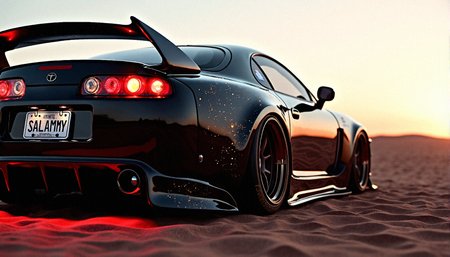 Rear Diffuser Close-up
A detailed shot focusing on the rear diffuser, exhaust tips, and any aerodynamic modifications at the rear.

A detailed, photorealistic image of a 1993 Toyota Supra, Car plate is "SALAMMY" with a wide body kit, extreme front hood design, and glowing circuitry body paint. The glowing alloy rims and sporty glowing spoiler add to its futuristic look. The car is set against a desert landscape at dusk, with the setting sun reflecting off the polished bodywork.













