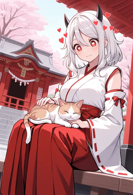 masterpiece, best quality, 1girl, solo, mod3us, medium hair, white hair, hair between eyes, black horns, demon horns, miko, japanese clothes, red hakama, white kimono, ribbon trim, outdoors, cat, petting, looking down, red eyes, heart-shaped pupils, demon tail, wide sleeves, detached sleeves, shrine, east asian architecture, tree, squatting, dutch angle, temple, cherry blossoms, sitting, on lap, animal on lap, cat on lap, light smile, closed mouth