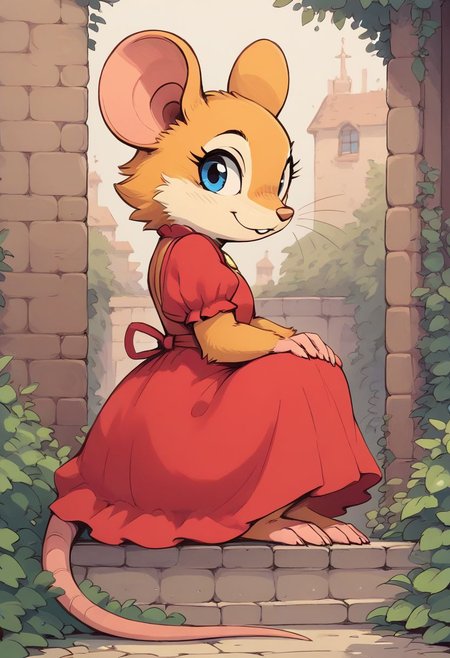 score_9, score_8_up, score_8, solo, (fluffy), ((feral)), toes, furry, (((mouse))), female, blue eyes, yellow fur, claws, (red dress), in the style of beatrix potter, outdoors, (solo:2), (side view:1.5), smile, (open mouth:0.5), (cute:0.9), (flat colors, line art:0.5), village, wall, bush, look at viewer, sitting, low angle view