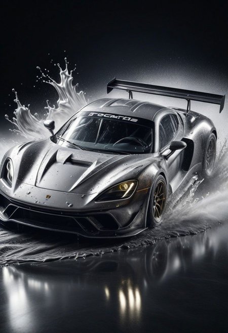 sports car, race car, racing through LIQUID METAL, liquid metal sprays up from the cars tyres