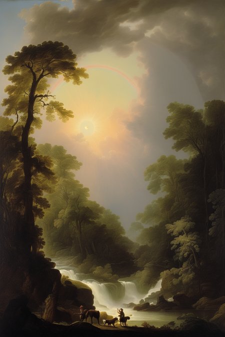 Joseph Wright Of Derby Style - sun dog the style of Claude Lorrain in a modern way, style of Asher Brown Durand, rainforest, dramatic clouds, strange monster came outside the forest