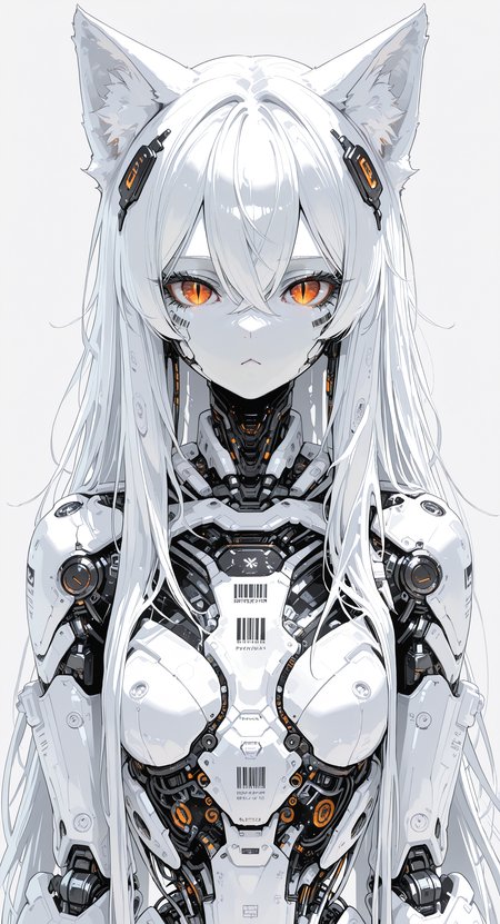 masterpiece, best quality, good quality, very awa, newest, highres, absurdres, 1girl, solo, long hair, looking at viewer, simple background, hair ornament, animal ears, hair between eyes, closed mouth, very long hair, upper body, white hair, cat ears, grey background, animal ear fluff, orange eyes, tattoo, colored skin, slit pupils, :<, crossed bangs, science fiction, white skin, straight-on, android, joints, robot joints, barcode, mechanical parts, barcode tattoo, robot girl,
White Theme,
toon (style), h4ra_illu, <lora:illustriousXL_stabilizer_v1.23:0.3> <lora:NOOB_vp1_detailer_by_volnovik_v1:0.3> <lora:ponyv6_noobE11_2_adamW-000017:0.3> <lora:Illustrious:0.15> <lora:114558v4df2fsdf5:0.55> <lora:XXX667:0.4> <lora:-_iLL_-_the_edgy_mech_V2.0-:0.8>