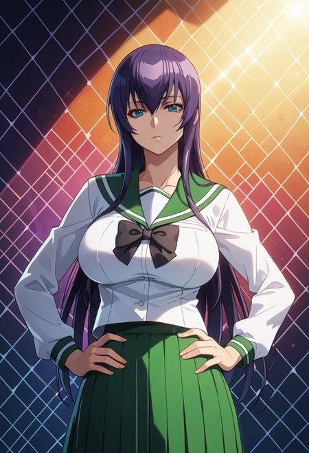 score_9, score_8_up, score_7_up, 1girl, looking at viewer, sunlight, abstract background, argyle background, rainbow, heart, upper body, close-up, portrait, 
<lora:Saeko_Busujima_Dwnsty_r1:0.8>, saeko_busujima, purple hair,  blue eyes, long hair, hair between eyes, school uniform, serafuku, green skirt, long skirt, pleated skirt, black bowtie,
lips, expressionless, large breasts, skindentation,  mature female, hands on own hips,